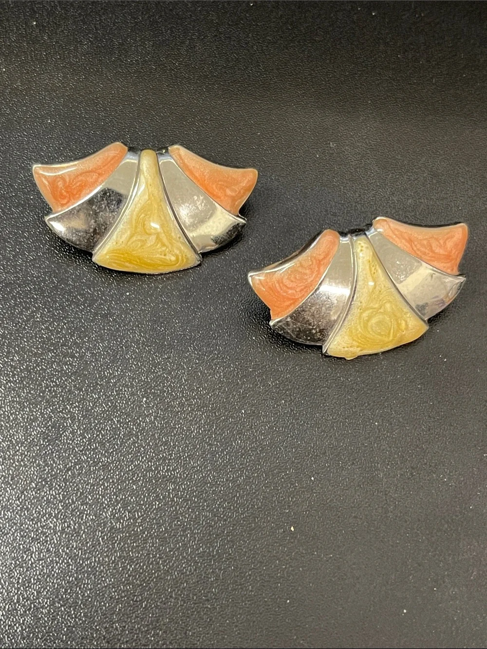 Vintage Fan-Shaped Enamel Clip Earrings in Coral, Yellow & Silver